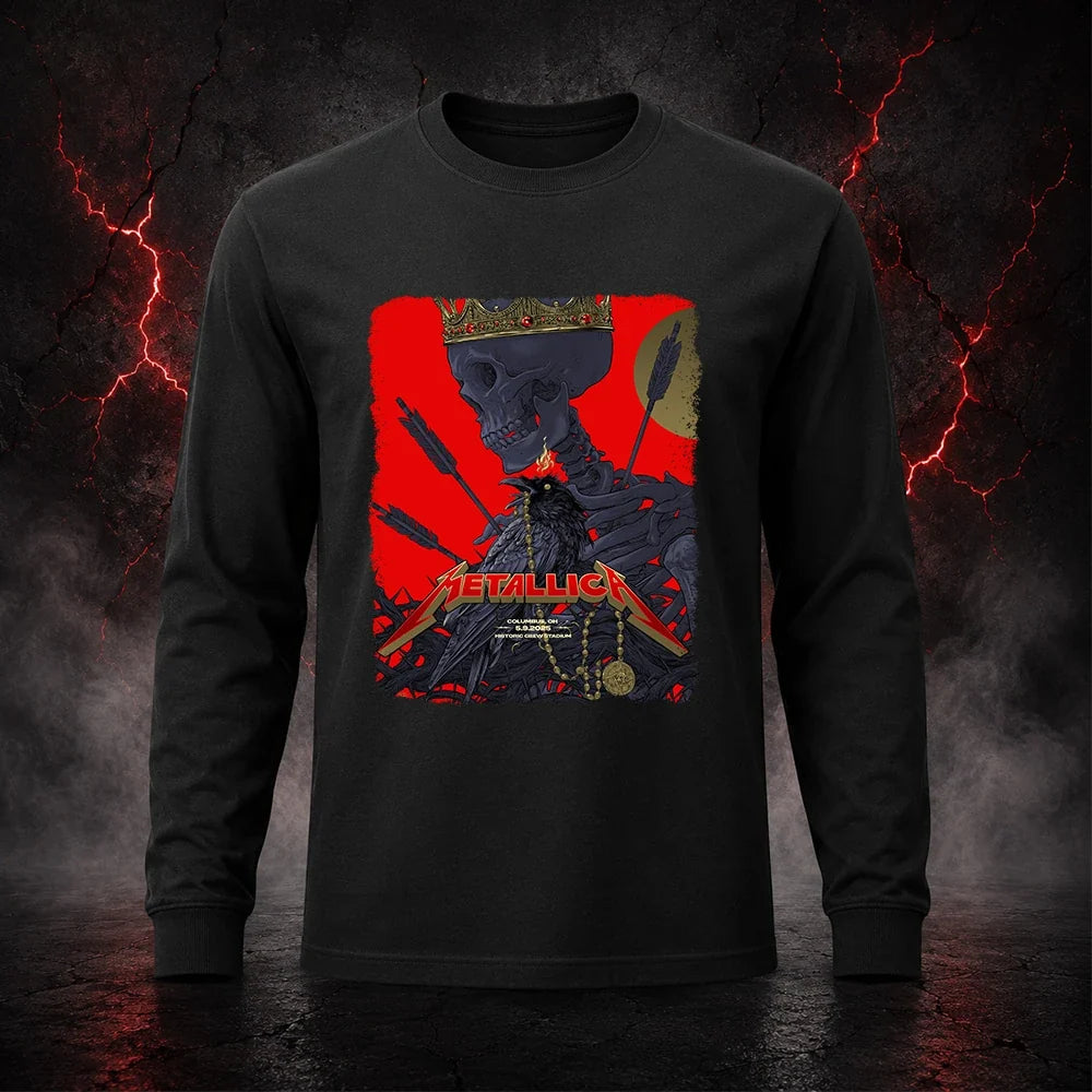 Metallica M72 World Tour May 9 2025 Historic Crew Stadium Columbus Ohio United States T-shirt by Vance Kelly featuring a crowned skeleton, black raven, arrows, thorny roots, gold medallion and Columbus event text.